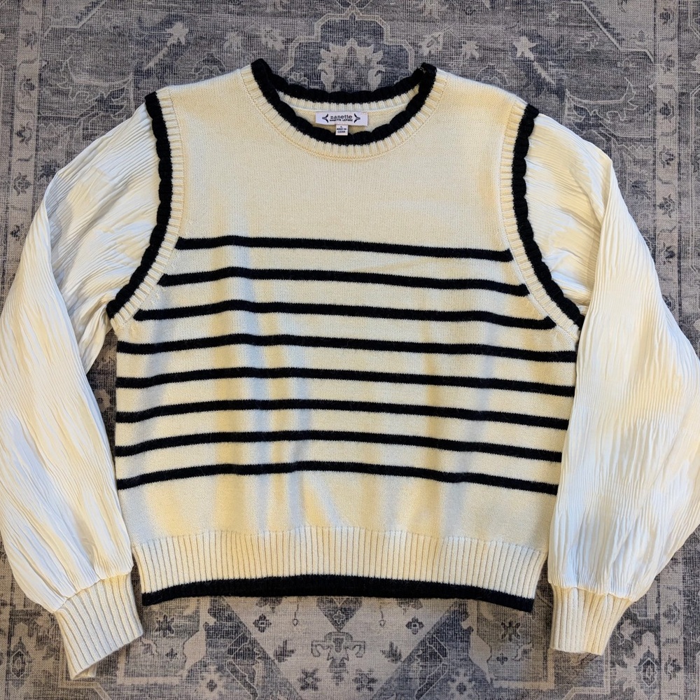 Nanette Lepore Ivory and Black Striped Crew Neck Sweater